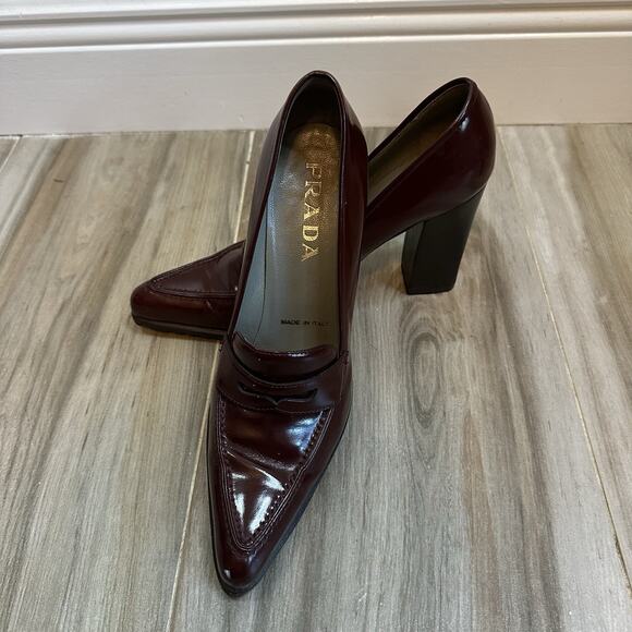 VTG Prada Block Heel Burgundy Red Loafers 8.5/38.5 Heels Pumps Twee Retro Goth - Picture 6 of 14